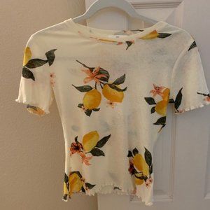Urban Outfitters BP Sheer Lemon Blossom Ruffle Hem Short-Sleeve Shirt Blouse, S